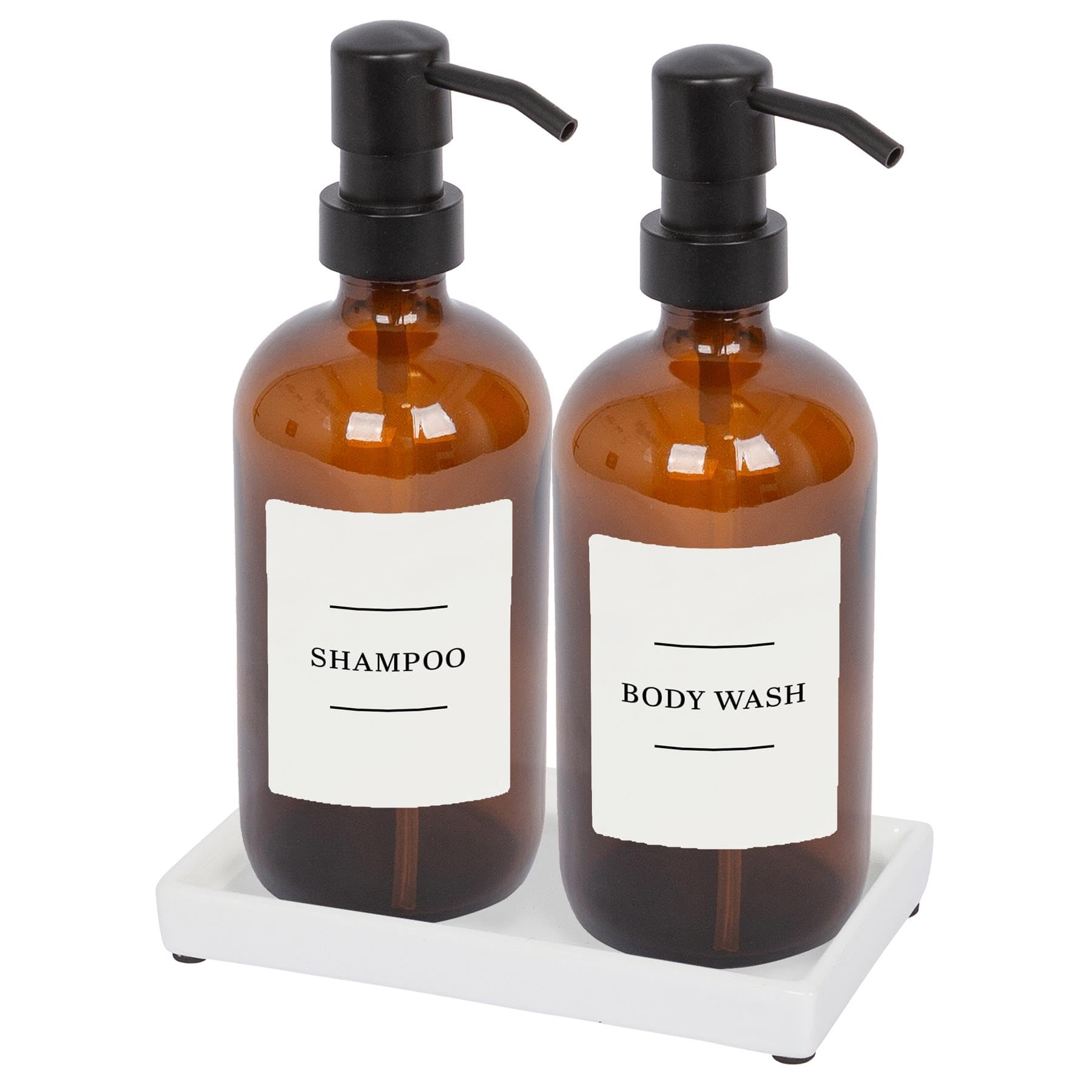 Harbour Housewares Amber 2 Piece Glass Soap Dispenser Set With Ceramic Tray And Labels - 500Ml Refillable Bottles With Black Pumps And White Labels - Bathroom Accessories For Hand Wash Or Lotion