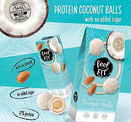 Feel FIT Zuckerfreie Kokos-Pralinen mit Mandeln á 27 g, Zuckerfreie Snack, Protein Balls mit Kokosraspeln