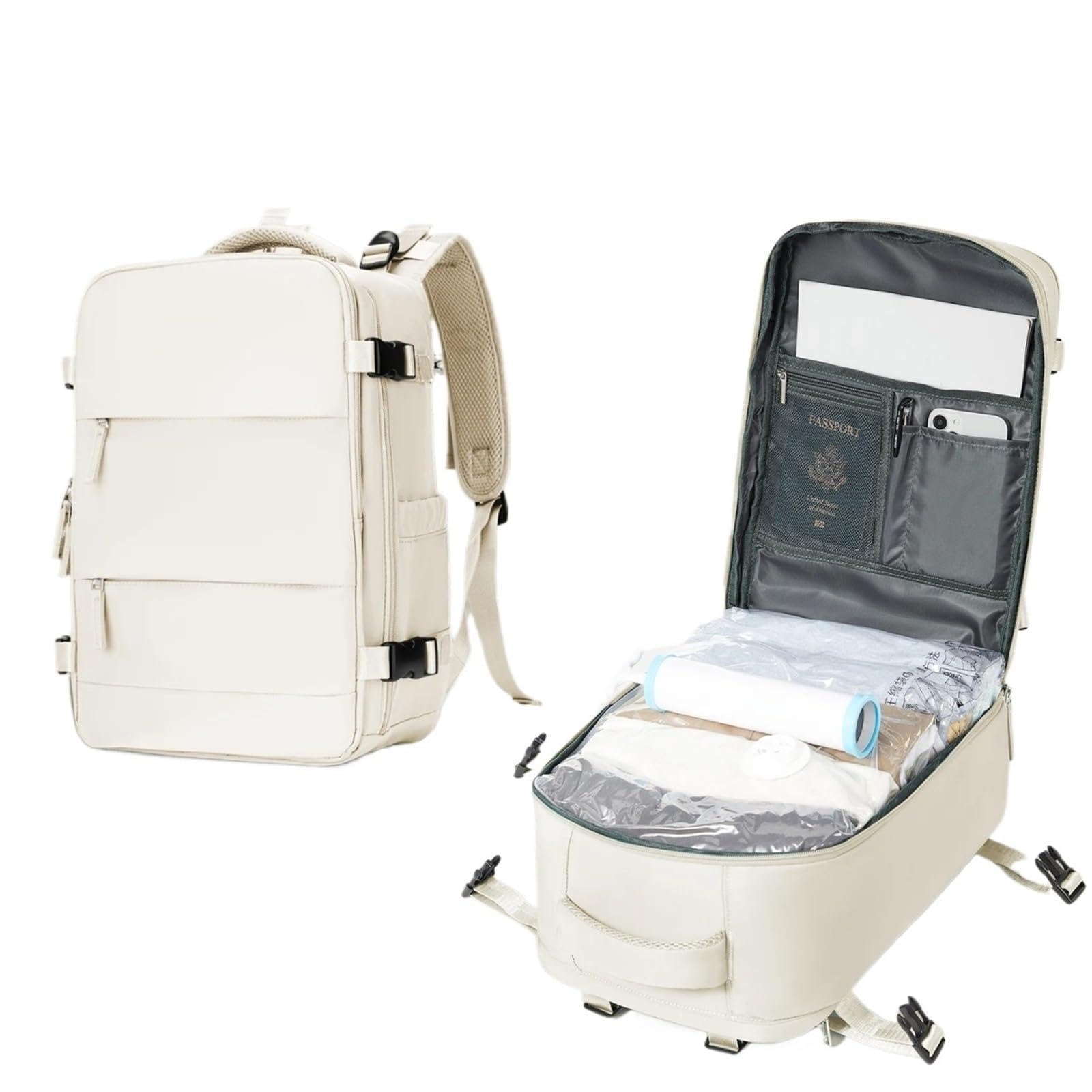 Bolsas de Compresión al Vacío Conjunto de mochila compresión al vacío | Con Bolsa De Aspiradora Y Bomba De Mano, Mochila for Hombre Mujer, 40x20x25(White)