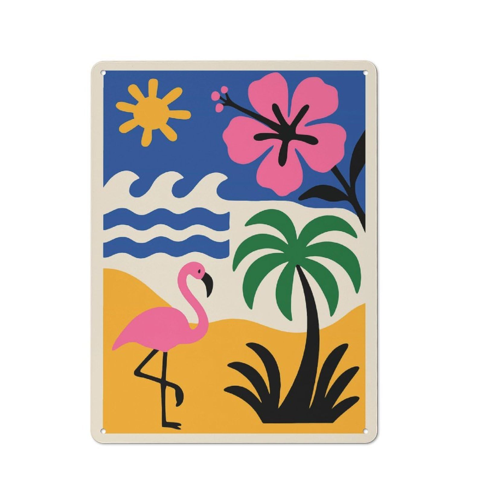 Junmoney Style-12 Tropical Beach Scene With Flamingo Modern Vintage Metal Wall Decor 40X30cm, Tin Sign For Hobby Room, Office, Lounge Or Living Room