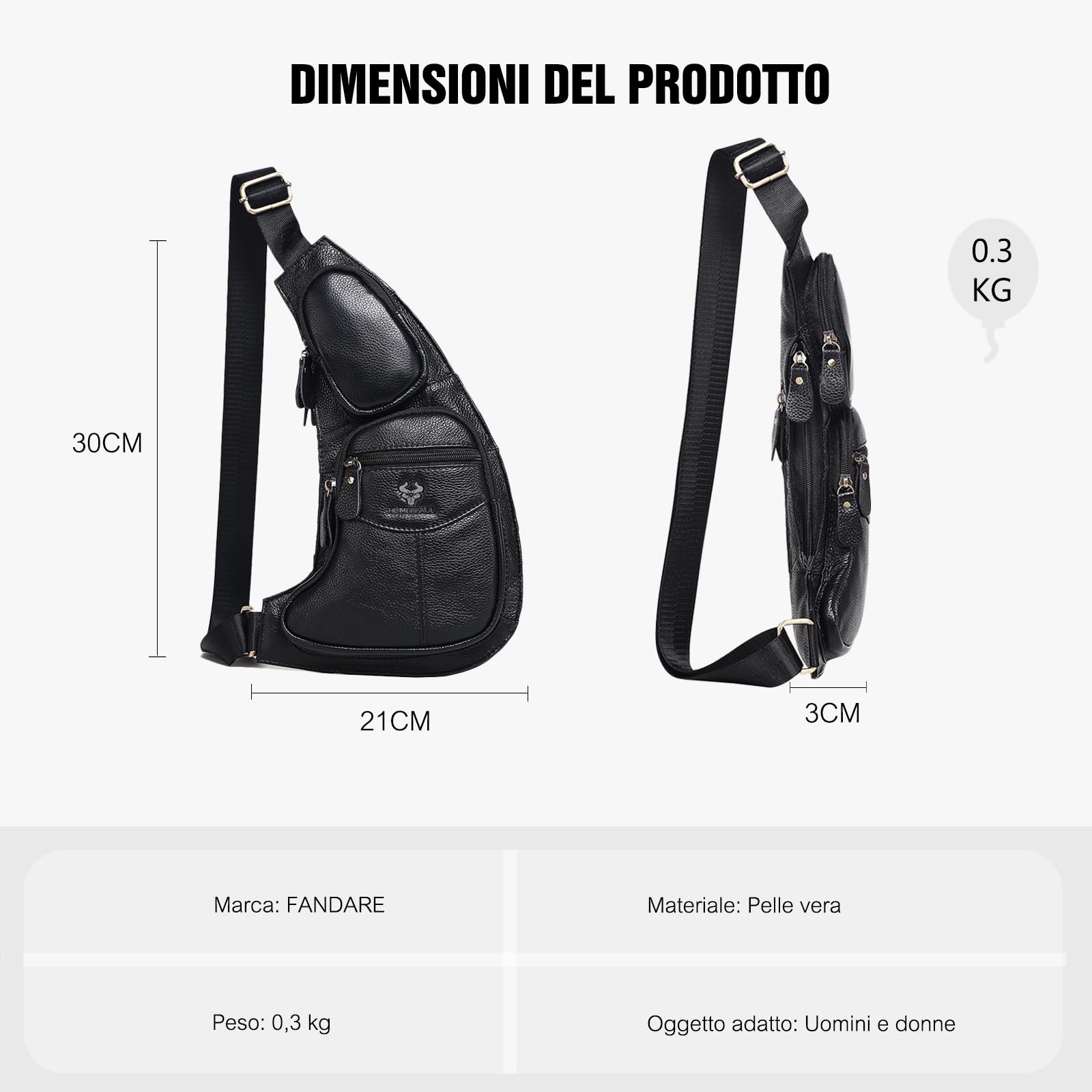 FANDARE Uomo Zaino Monospalla Borsa a tracolla in pelle Marsupio versatile da lavoro con tracolla regolabile, zainetto da viaggio impermeabile per uso quotidiano, piccola borsa laterale maschile