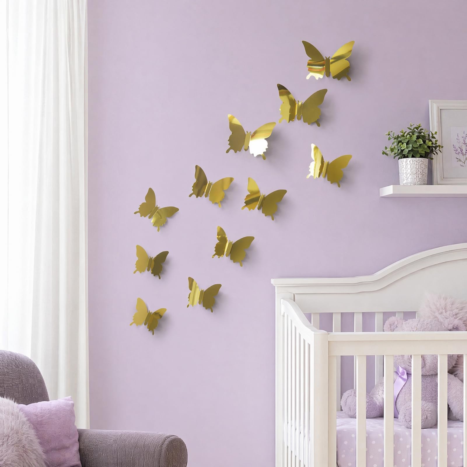 Quoravel 12Pcs Butterfly Wall Decals, DIY 3D Mirror Butterfly Stickers, Removable Wall Decals for Party Room Decor Golden
