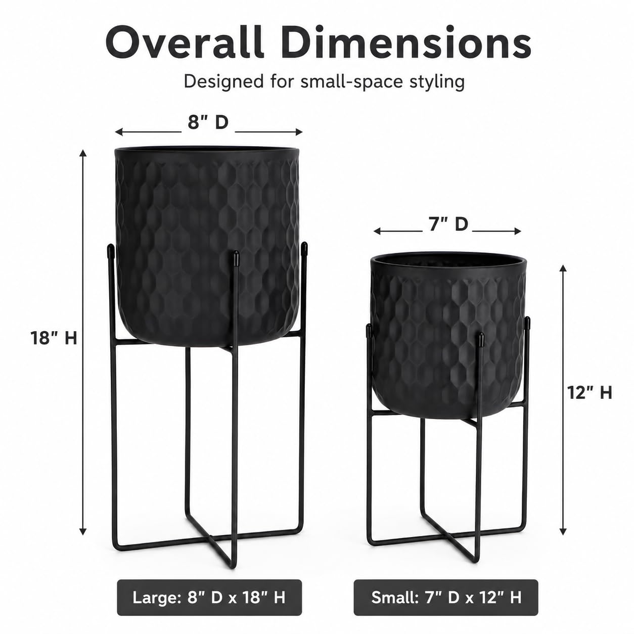 TRIROCKS Set de 2 Maceteros Metálicos Modernos con Soporte 31 cm y 45 cm Altos, Macetas para Uso Interior/Exterior, Decoración de Cocina, Sala, Jardín y Balcón (Negro)