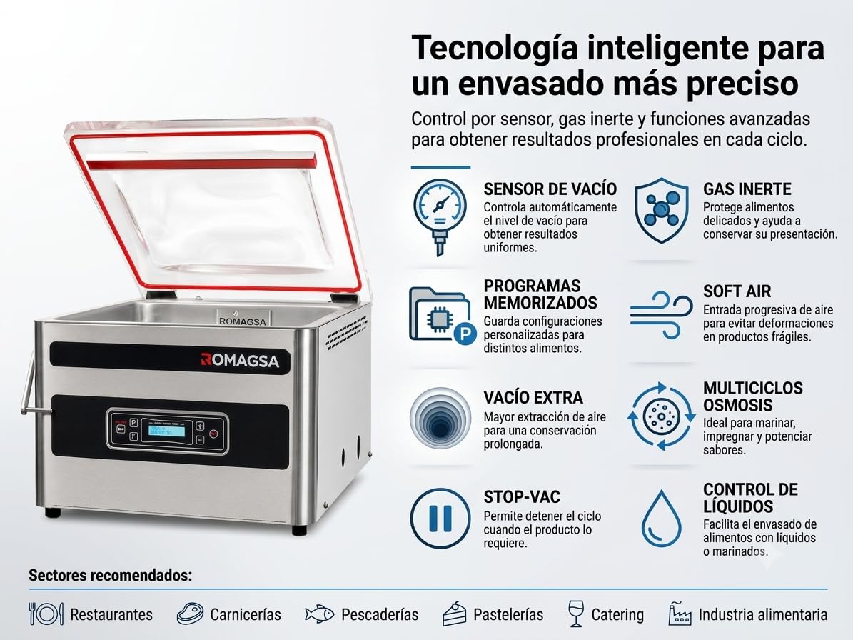 Envasadora al Vacío Profesional V220S con Sensor Botonera Electrónica | Bomba 20 m³/h | Doble Barra de Sellado 2 x 450 mm | Gas Inerte | Máquina para Hostelería Profesional