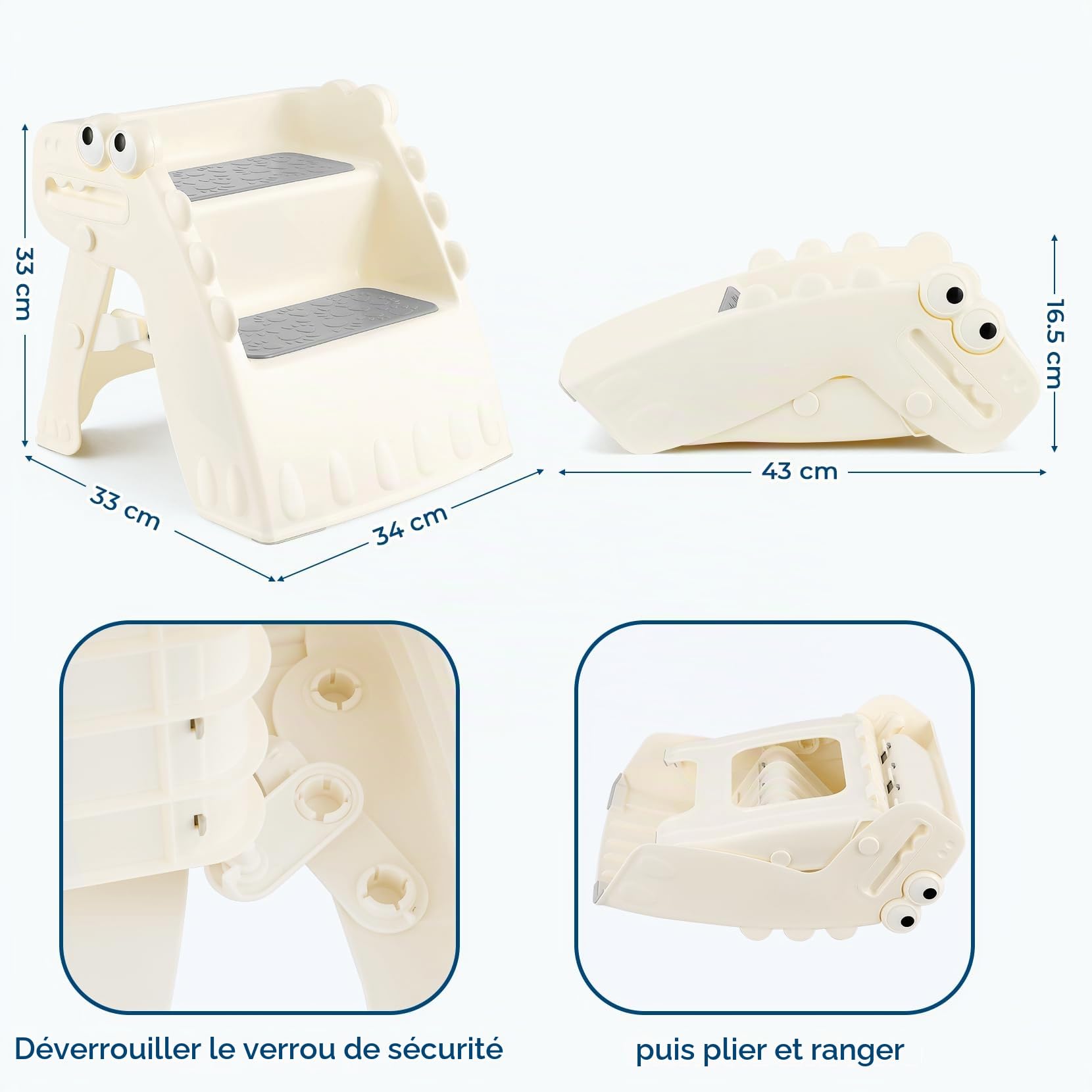 Marchepied Pliable pour Enfant, 2 marches, Antidérapant, Anti-basculement, Marche Enfant pour Salle de Bain et Cuisine (Crème)