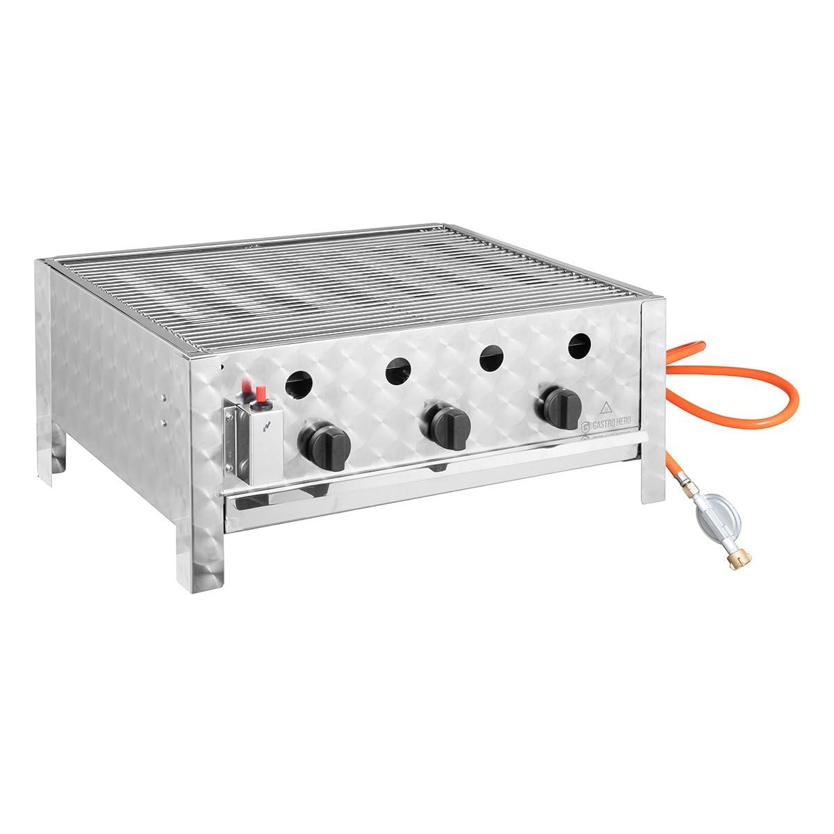 GastroHero Tischbräter, 3 Brenner, 10 kW, Edelstahl TBG3-T | Profi Gastro Kombibräter, Outdoor Tischgrill 650×570×270 mm inkl. Gasschlauch & Druckminderer
