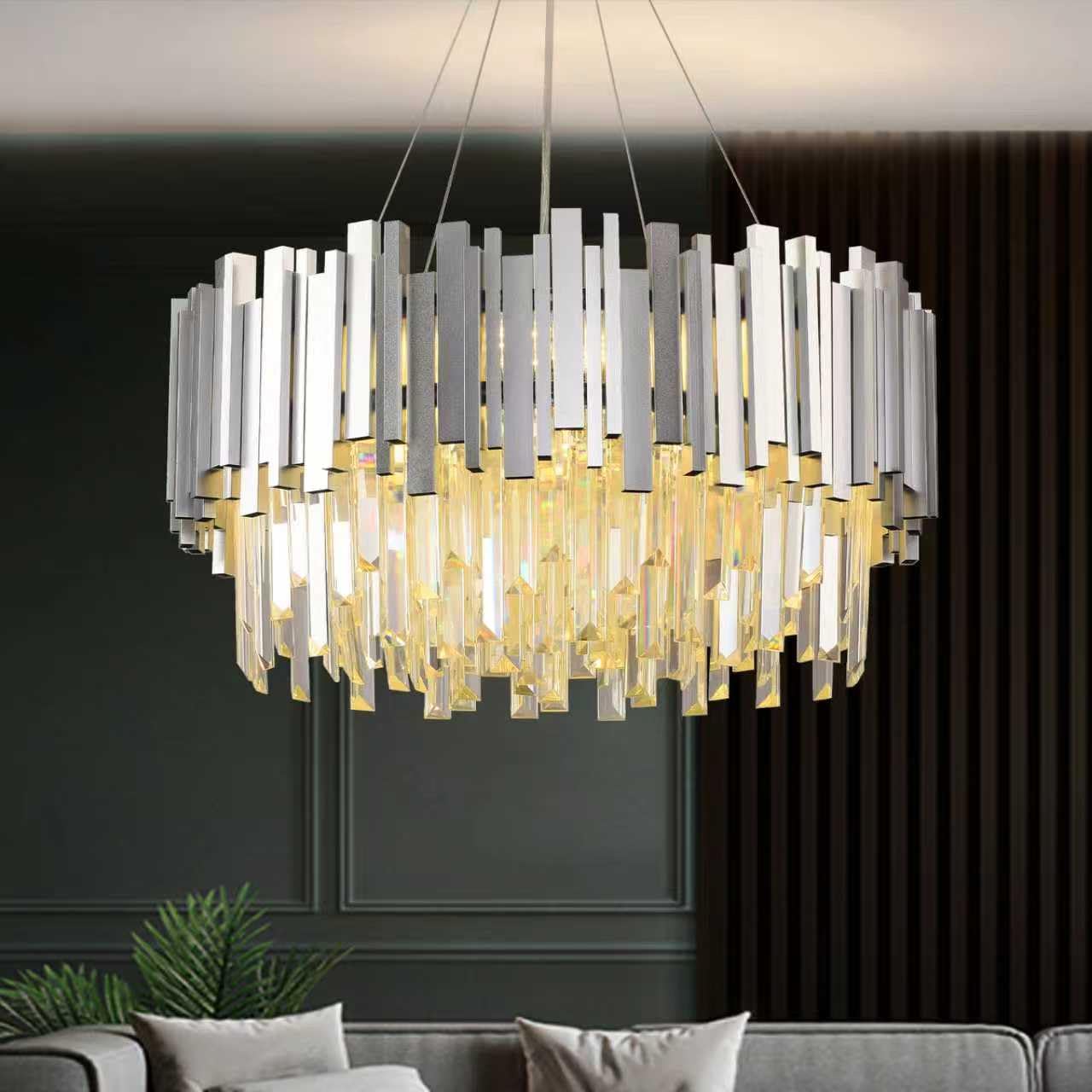 YZBEIMDAI Lampadario Moderno di Cristallo, 9×E14 Portalampada Luce | Argento Lampada a Sospensione Rotonda di Cristallo per soggiorno, sala da pranzo