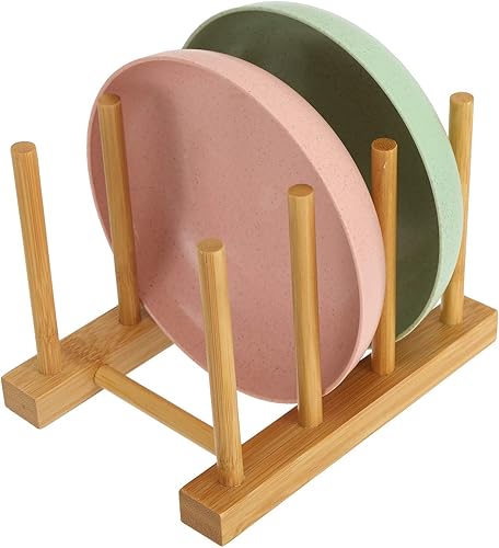 Miniatura 5 de Lawei Juego de 4 estantes de bambú para platos – 3 ranuras para tabla de cortar, soporte para tapa de olla para tazón, taza, tabla de cortar y más