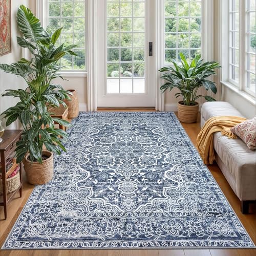 KUTA Modern Floral Area Rug 4x6 Living Room, Washable Printed Vintage Distressed Tribal Blue White Rugs, Non-Slip Dining Room Carpet, Soft Low Pile Cozy Boho Farmhouse Throw for Bedroom