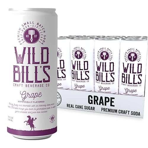 Wild Bill's - Grape Soda Pop, azúcar de caña pura, sin jarabe de maíz de alta fructosa, sin cafeína, sin gluten, vegano (12 onzas, 12 unidades)
