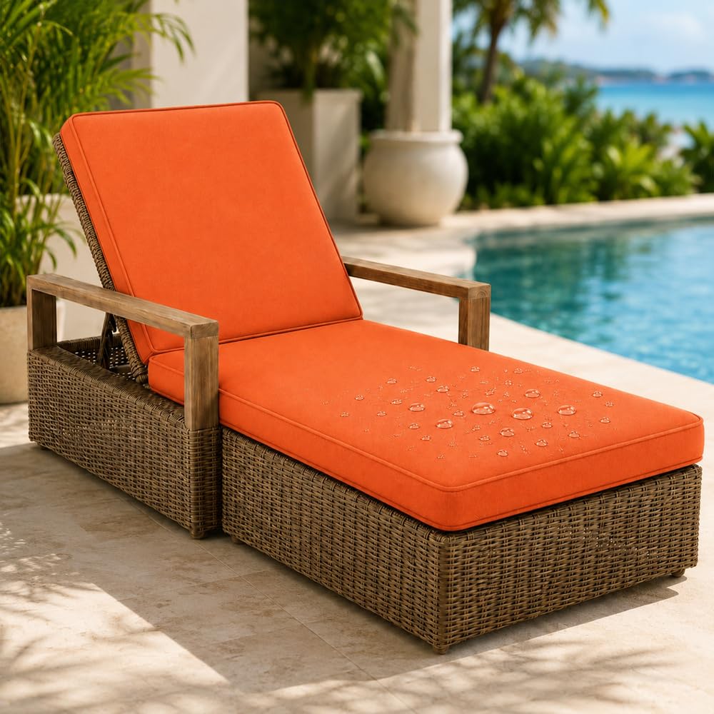 AZMAHT Sun Lounger Cushion Replacement Cushions Only, Waterproof 2 Section Lounger Cushion with Removable Cover, Anti-Slip Pad with 6 Straps for Garden Sunbed,Orange,183x53x10cm
