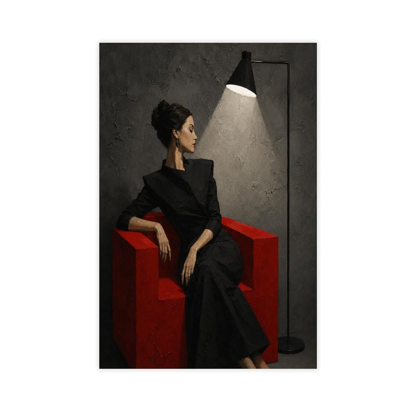 W7c8u2x3 Unframe-Style-12 Woman In Black Dress Canvas Wall Art, Red Chair Studio
