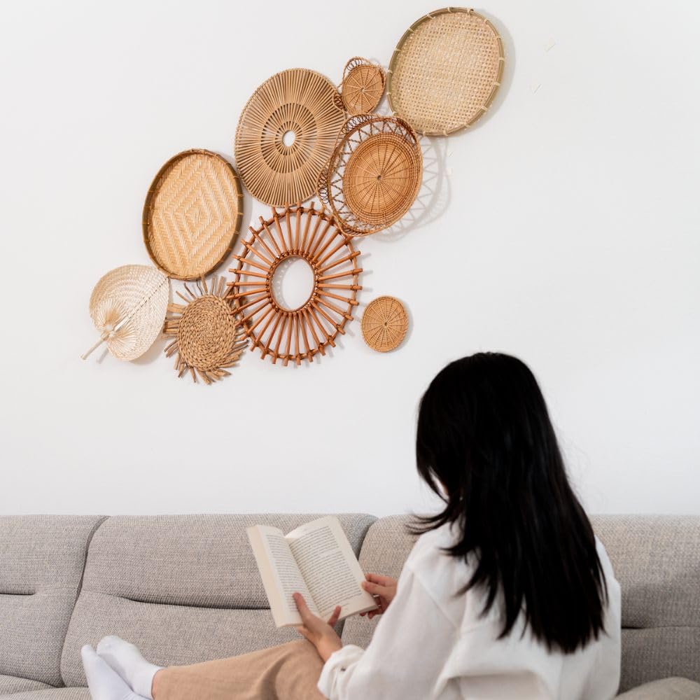 Set di 9 cestini da parete in rattan, bambù ed erba marina, decorazione da parete 3D in stile boho, per soggiorno, camera da letto e corridoio, decorazione da parete sostenibile