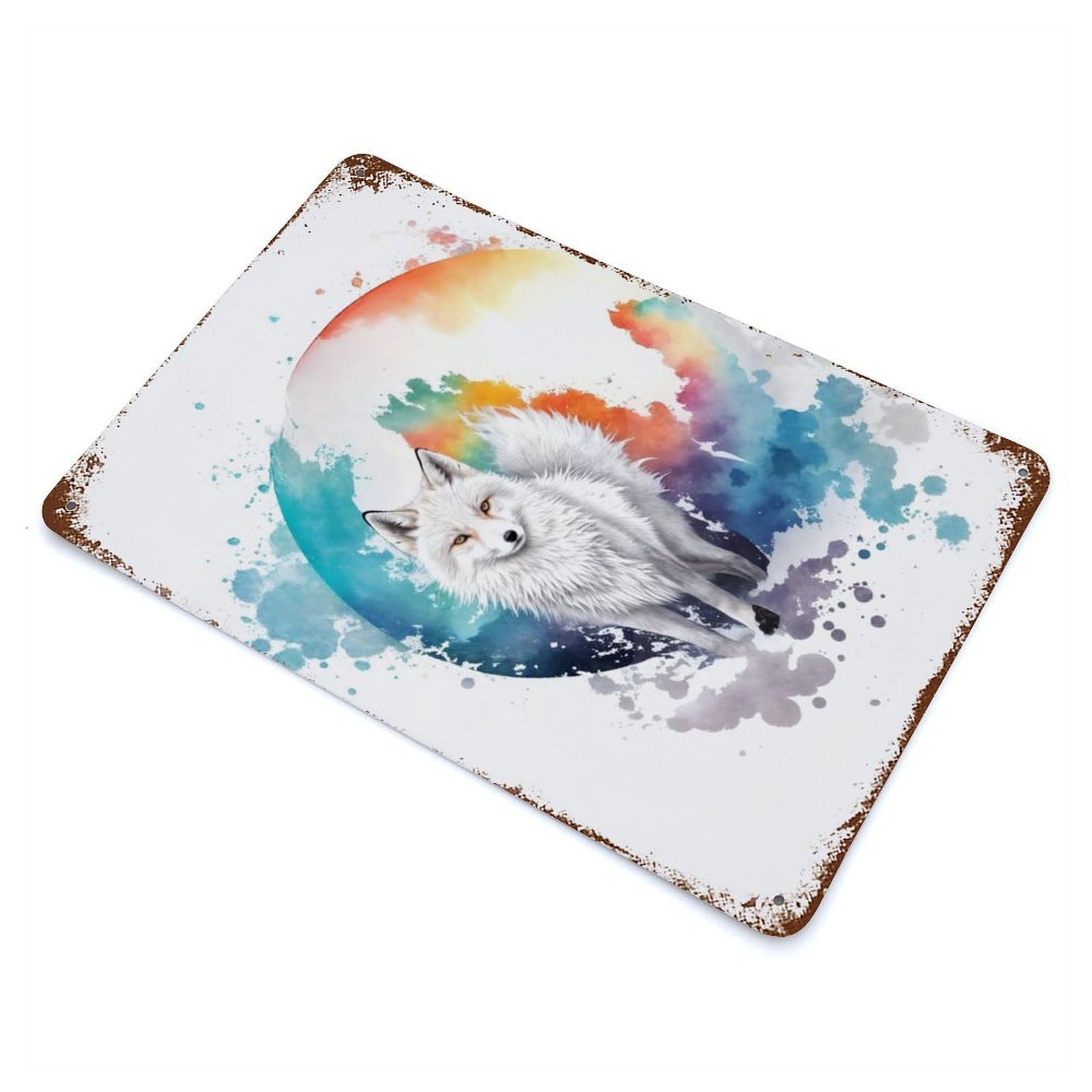 Rustic Tin Plaque Watercolor Snow Fox 11.8"x7.9", Rustic Home Decor for Office, Studio And Wall Decor