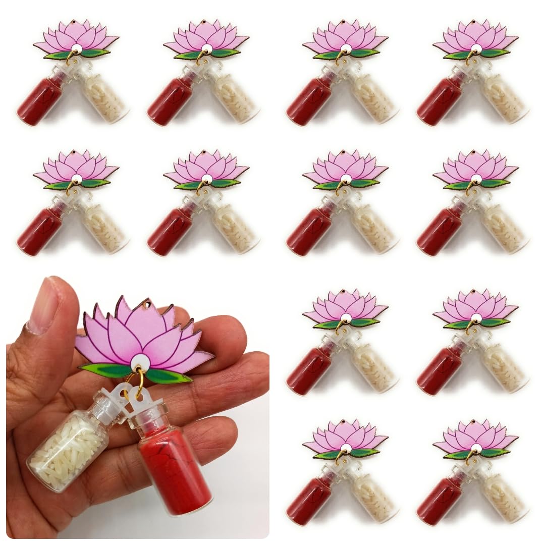 Sau Rang India RoliChawal Kumkum Dome Glass Bottle Gift Set | Thamboolam Return Gifts for Wedding, Pooja, Diwali, Rakhi, Navratri (Lotus Design mini 2ml Bottles, 10 pcs)