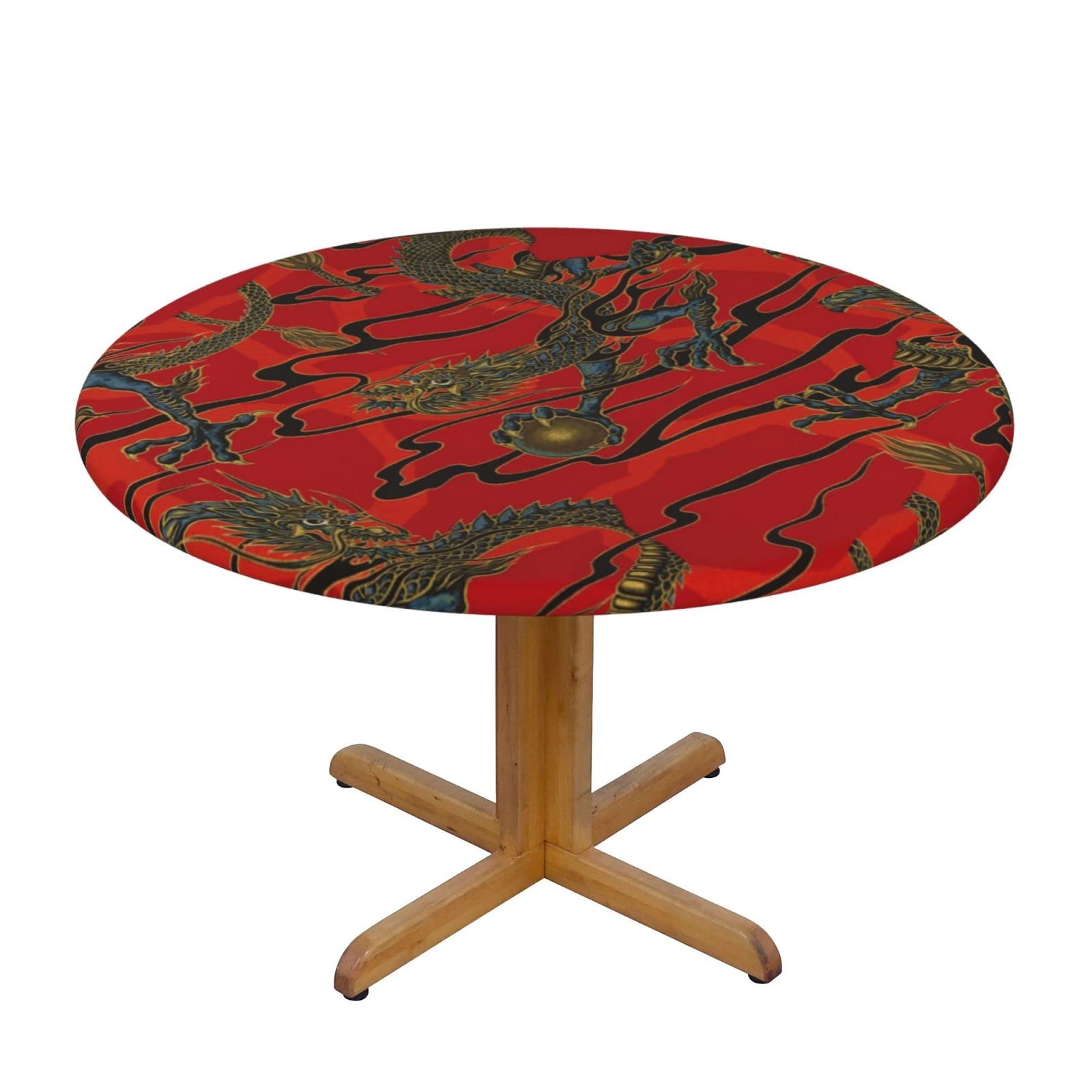Lsjuee Round Fitted Tablecloth 45-50in Elastic Edged Table Cloth for Kitchen Dining Party Home Decor - Golden Dragon Red
