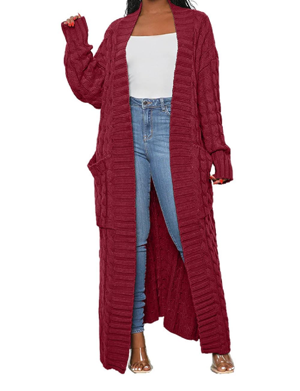 Womens Thin Stylish Cable Knit Dual Extra Long Maxi Cardigan with 2-Pockets