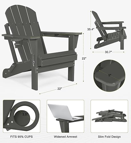 Miniatura 3 de ABCPATIO Silla plegable Adirondack para exteriores, resistente a la intemperie, con portavasos, ancho de asiento de 20 pulgadas, gris oscuro