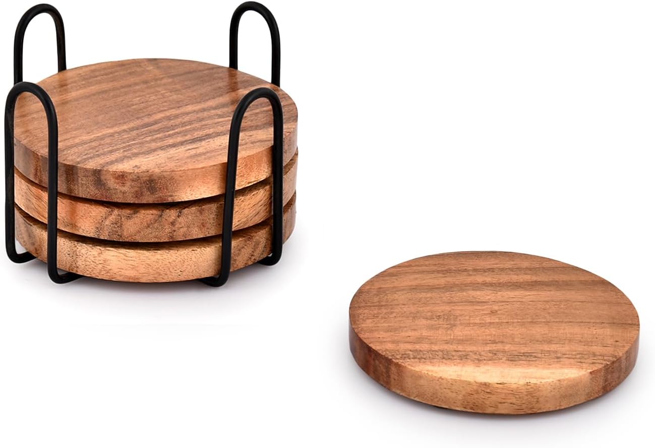 EDHAS Acacia Wood Coasters for Drinks with Iron Holder Stand for Coffee Table, Tabletop Protection Decor, Set of 4
