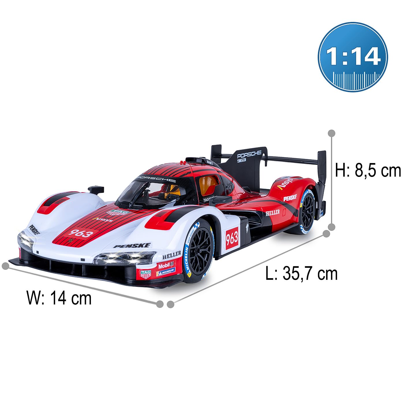 JAMARA 402261 Porsche 963 LMDH 1:14 czerwony, 2,4 GHz, licencjonowany, zdalnie sterowany samochód RC z ręcznymi drzwiami, model samochodu, zabawkowy dla dzieci
