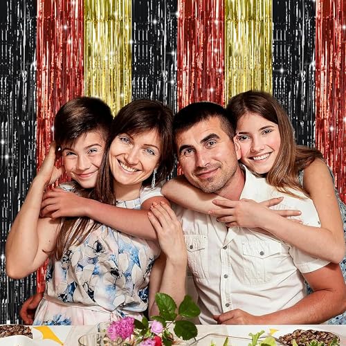 Image of TONIFUL Black Red Gold Door Streamers,Black Red and Gold Photo Booth Backdrop Metallic Streamers Foil Fringe Curtain for Mouse Themed Birthday,New Year,Graduation,Baby Shower Party Decoration