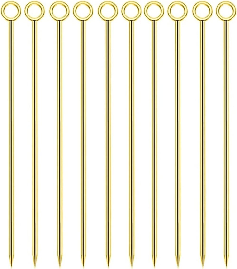 10PCS Cocktail Pick Stick Stainless Steel Fruit Sticks Drink Stirring Martini Picks Circle/Ball/Hat Shape(Gold 10pcs Circle)
