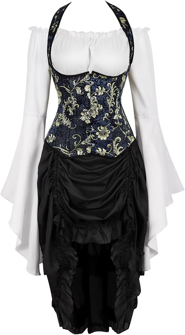 Jutrisujo Underbust Corset Dress Top Straps Skirt with Tutu 3 Set Plus Size Vintage Lace up Gothic Costume Halloween