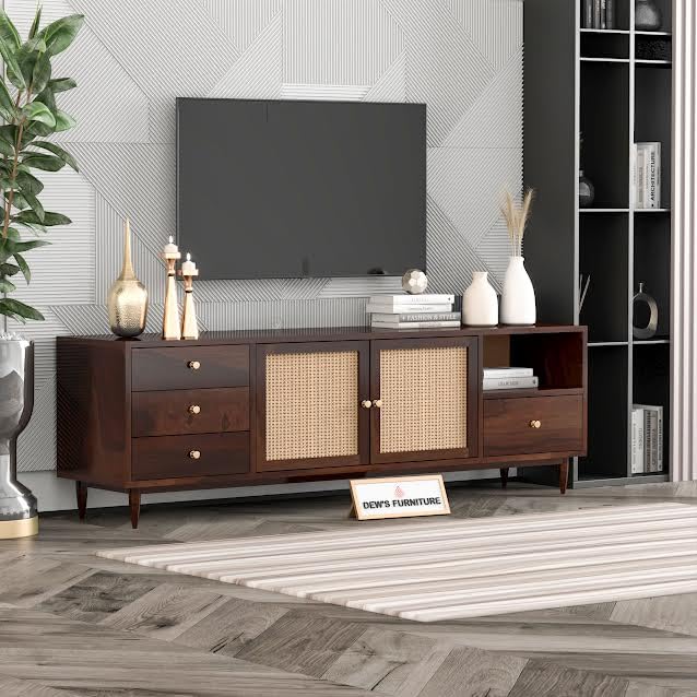 Dews Furniture Solid Sheesham Wood Tv Unit for Living Room with Rattan Dishplay - Free Standing Multipurpose Media Console Tv Cabinet Sideboard - Tv Table Fully Storage (Walnut Finish)-image-46