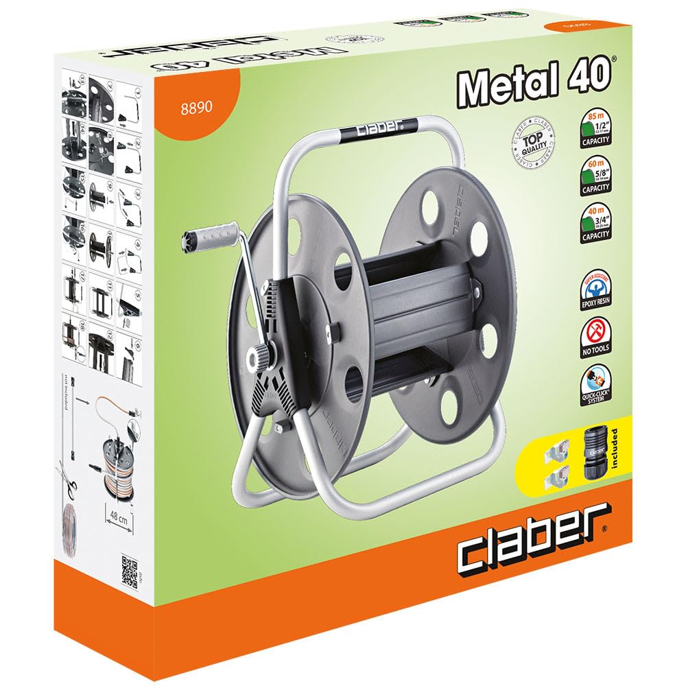 Claber Metal 40, avvolgitubo manuale da giardino in metallo, portatile installabile a parete