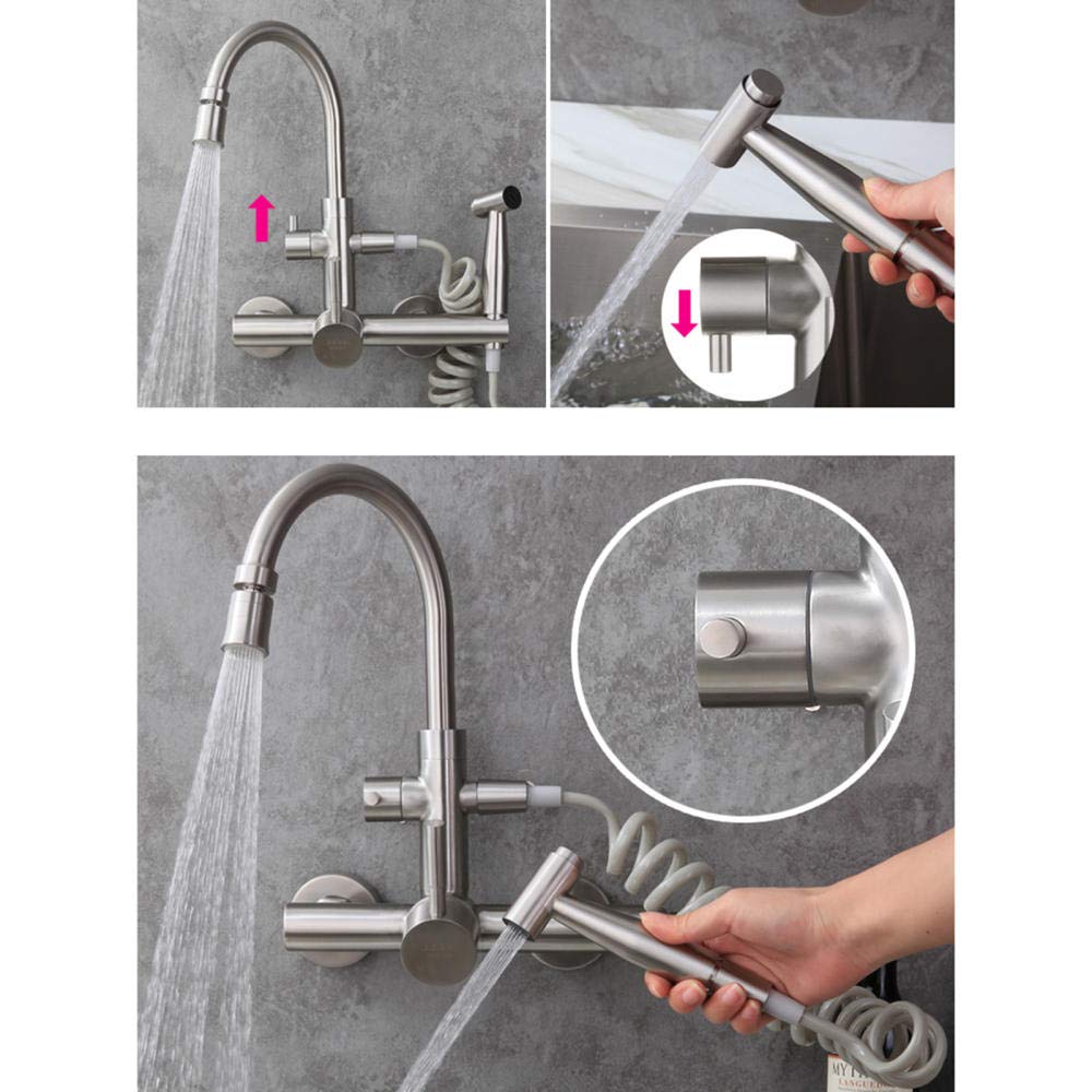 Grifo de Cocina de Pared Acero Inoxidable Trefilado Grifos Cocina con Pistola Frío y Caliente Boquilla 2 Modos Giratorio Grifo Fregadero Cocina-A
