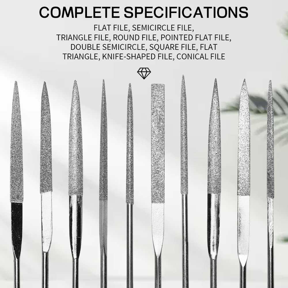 SI FANG Lot de 10 petites limes aiguilles diamantées 140 mm x 3 mm, 10 types de mini limes à aiguilles de style mixte, limes miniatures et modèles de précision revêtues de diamant, pour métal, bois,