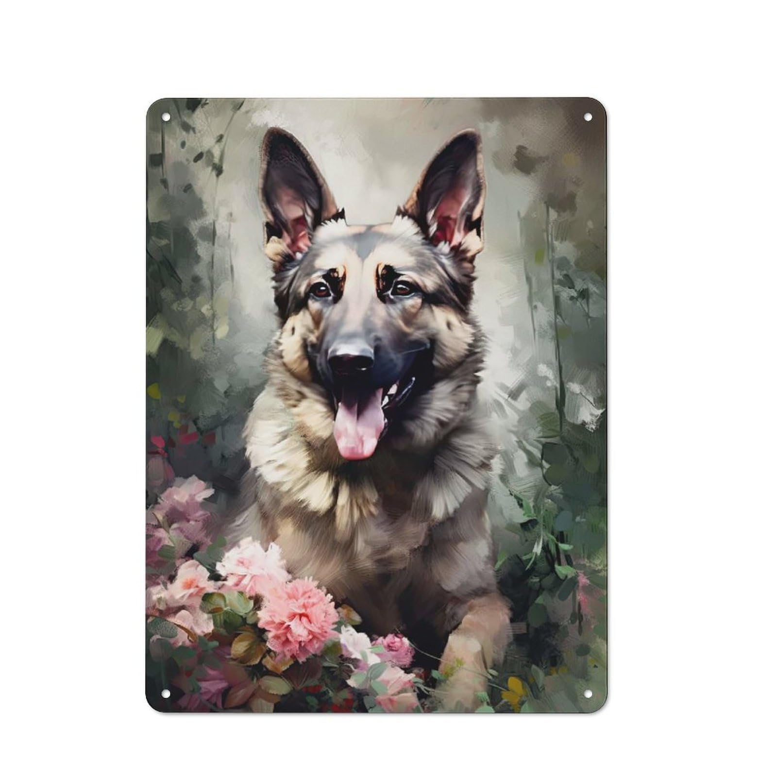 Junmoney German Shepherd Flowers Retro Metal Plaque 40X30cm For Guest Room Or Hallway, Housewarming Present For People Styling Guest Room And Hallway