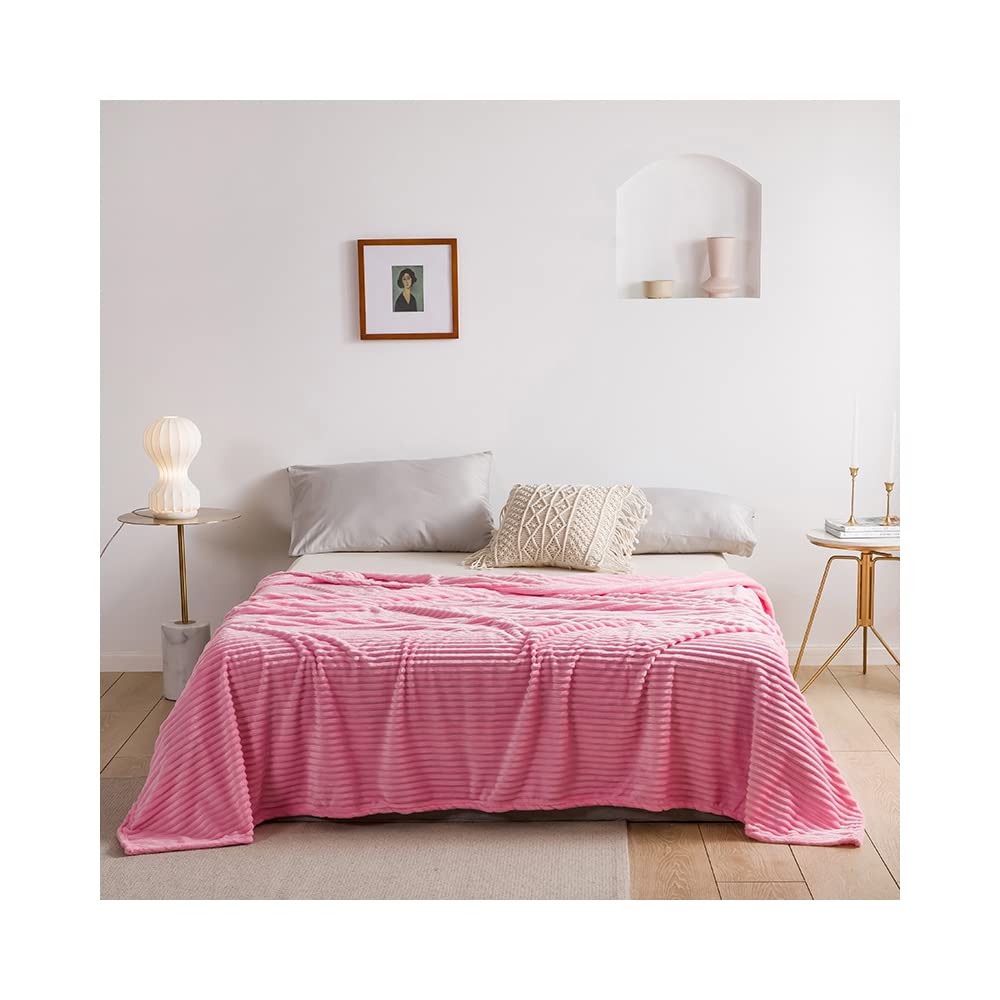 Stripe Fleece Throw, Faux Fur Shaggy Blanket, Crystal Fleece Design, Super Soft, Fluffy Fleece Throw for Sofa, Couch or Bed Décor, Easy Care, Machine Washable, Fully Reversible (Pink, King)