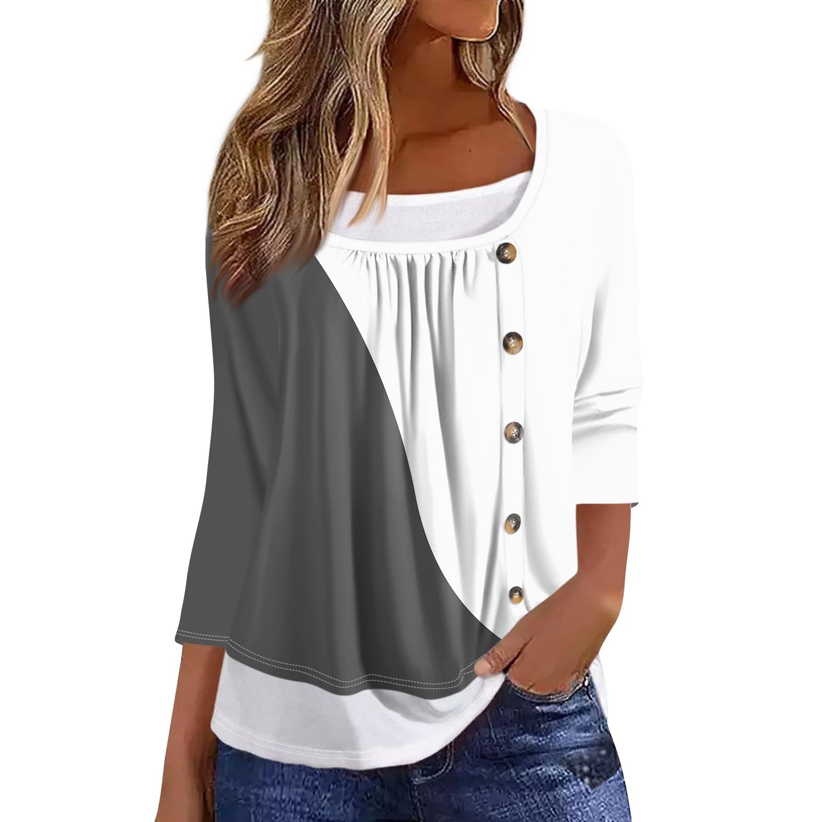 GenericTunic Blouse for Women Dressy Casual Fall 3/4 Sleeve Button Layer Shirts Elegant Striped Print Tops Cozy Fashion Clothes