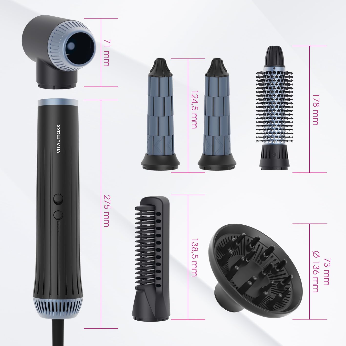 VITALmaxx Air Curler Plus 6-in-1 | Tecnologia airflow | Multi-styler con arricciacapelli, asciugacapelli, spazzola e diffusore - asciugatura, styling, creazione di ricci | 1500W [nero].
