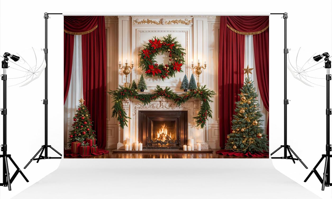 Kate 10 × 2,5 m (3 × 2,5 m) sfondo fotografico albero di Natale camino albero di Natale ghirlanda decorazione tende rosse sfondo fotografico per fotografi di Natale oggetti di scena