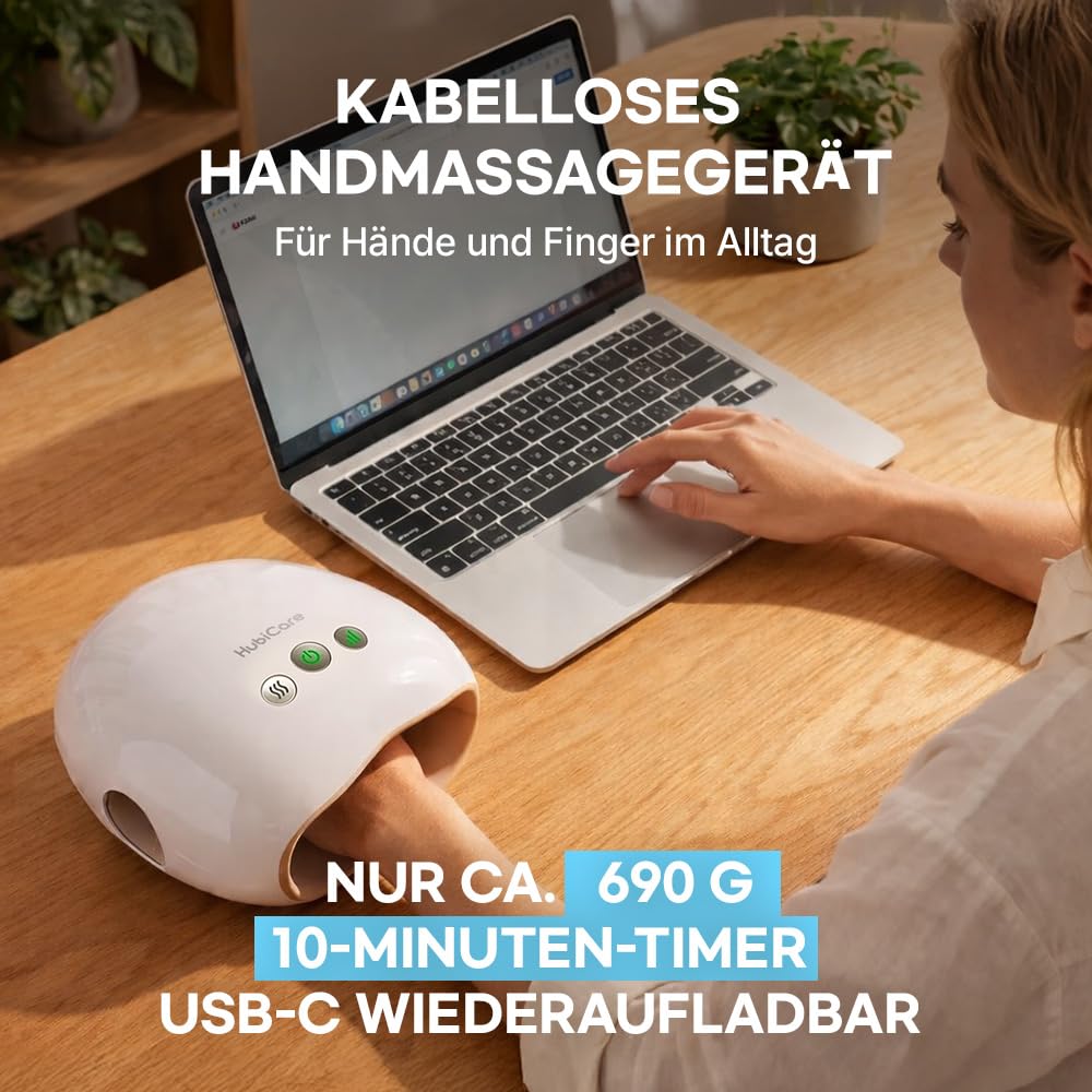 HubiCare kompaktes Handmassagegerät mit Wärme und Luftkompression, kabellose Handmassage für Hände, Finger und Handgelenk, 3 Modi, 3 Intensitätsstufen, USB-C Aufladung