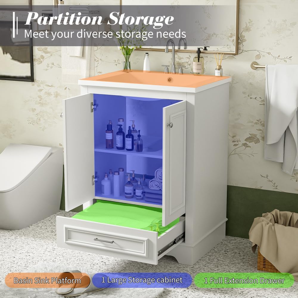 24 Inch Morden Bathroom Vanity with Ceramic Sink, 24" Free-Standing Bathroom Vanity Solid-Wood MDF 3-Tier Storage Cabinet with Sliding Drawer 2 Soft-Close Doors, Easy Assembly (White,24"BottomDrawer)