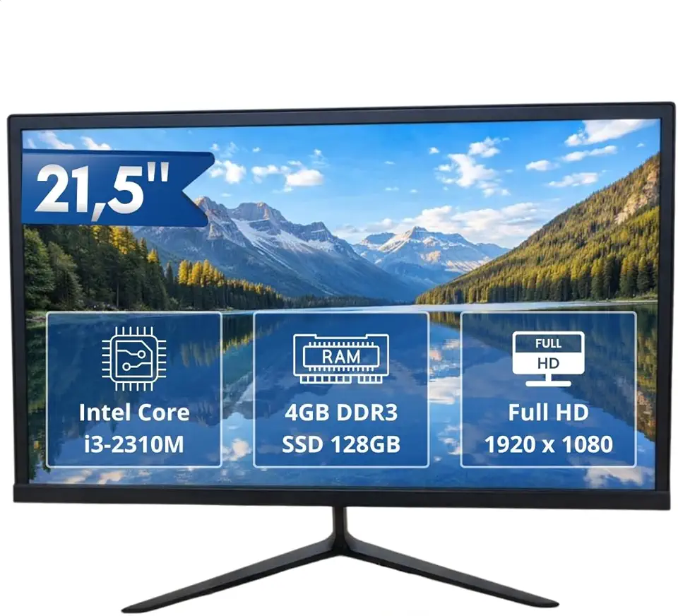 Computador All-in-One 21,5" Full HD, Intel i3 2310M 4GB RAM SSD 128GB, Wi-Fi, Bluetooth, HDMI, para Estudo, Home Office e Escritório