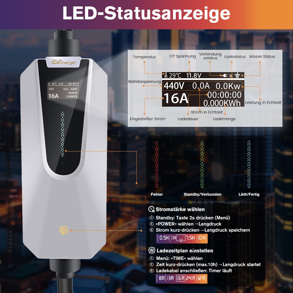 Junsun Typ 2 Ladekabel für EV Elektroauto, 22 kW, 32A, 3-Phasig, 6m Kabel, APP-gesteuert, IP65 wasserdicht, Schnell-Ladegerät für Elektrofahrzeuge