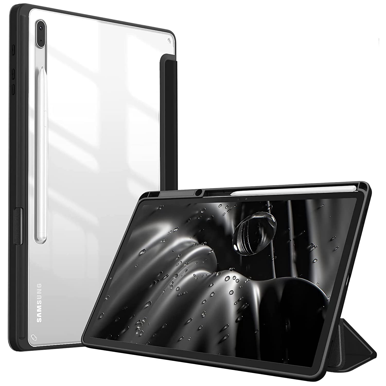 SwooK Hybrid Case for Samsung Galaxy Tab S8 Plus 2022 / S7 FE 2021/ S7 Plus 2020 12.4 inch with S Pen Holder Shockproof Clear Back Shell Auto Wake/Sleep Flip Cover Case (Black)