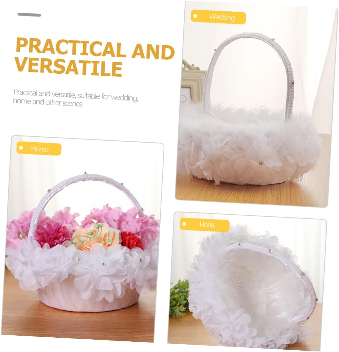 Operitacx Wedding Flower Basket with Lace and Floral Design, White Flower Girl Basket with Handle for Wedding Ceremony and Party Supplies,
