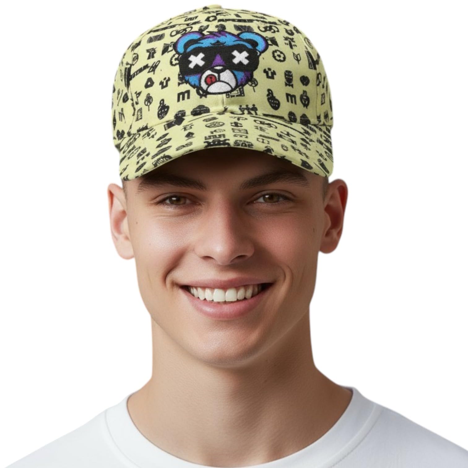 Polyester Twill with Lucky Bear Custom Embroidery Baseball Cap for Men and Women Yellow Black