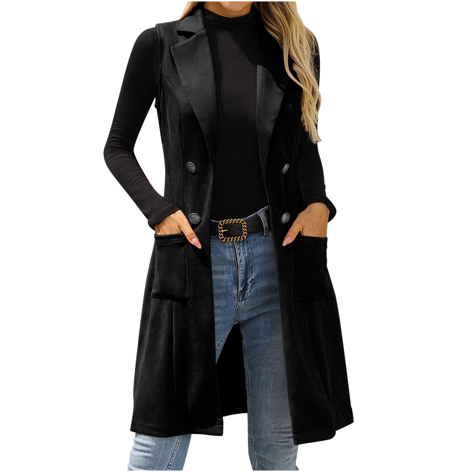 Long Suede Vest For Women Sleeveless Notch Lapel Button Decor Open Front Jacket With Pockets Dressy Suit Blazers