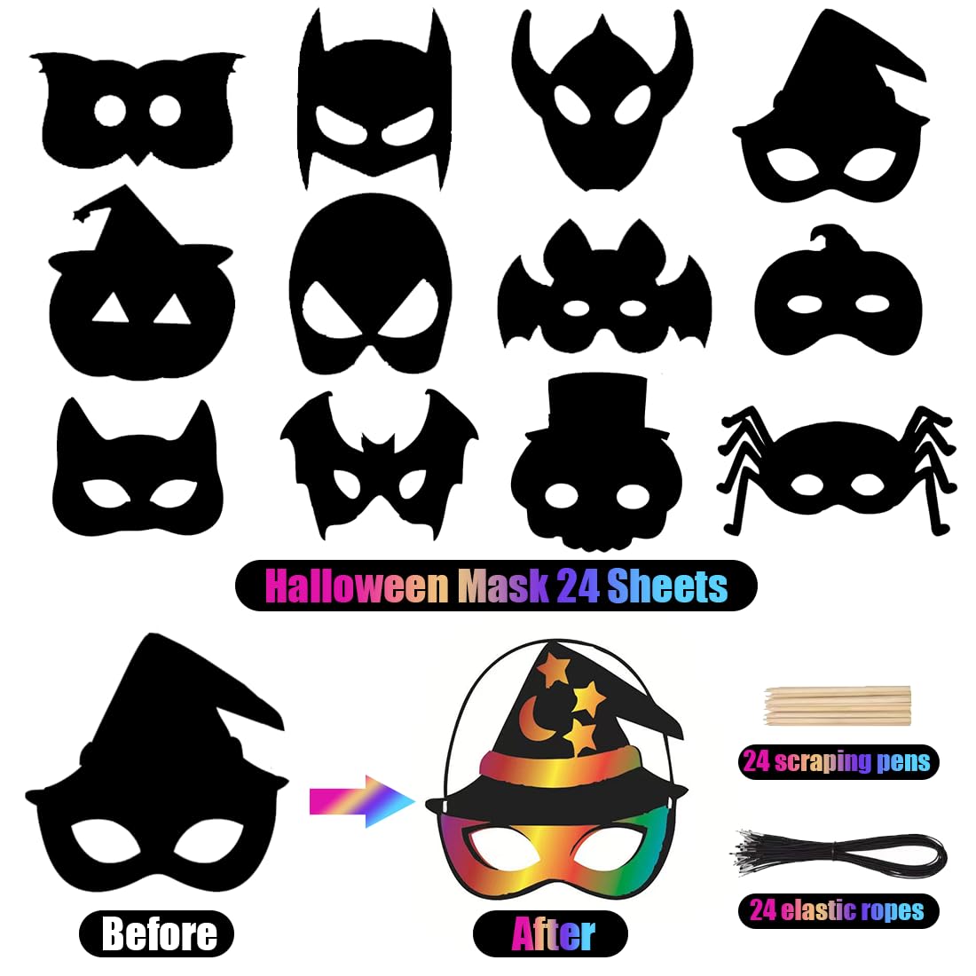 Wishstar 24 sztuki obrazków do zdrapywania na Halloween, maseczki do zdrapywania dla dzieci, maski na Halloween, zestaw do majsterkowania DIY z elastycznymi sznurkami i drewnianymi rylcami, dekoracja