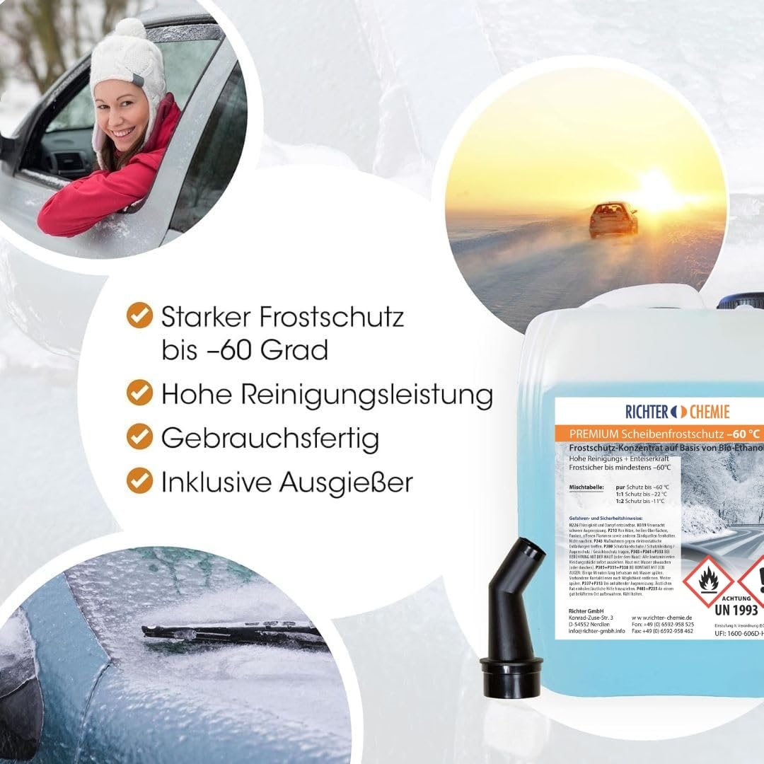 Richter Chemie Premium Scheibenfrostschutz -60°C 25 Liter, Konzentrat | Auto Scheibenwaschanlage, entfernt Insekten, Harze und Streusalz, schonend zu Gummi und Lack