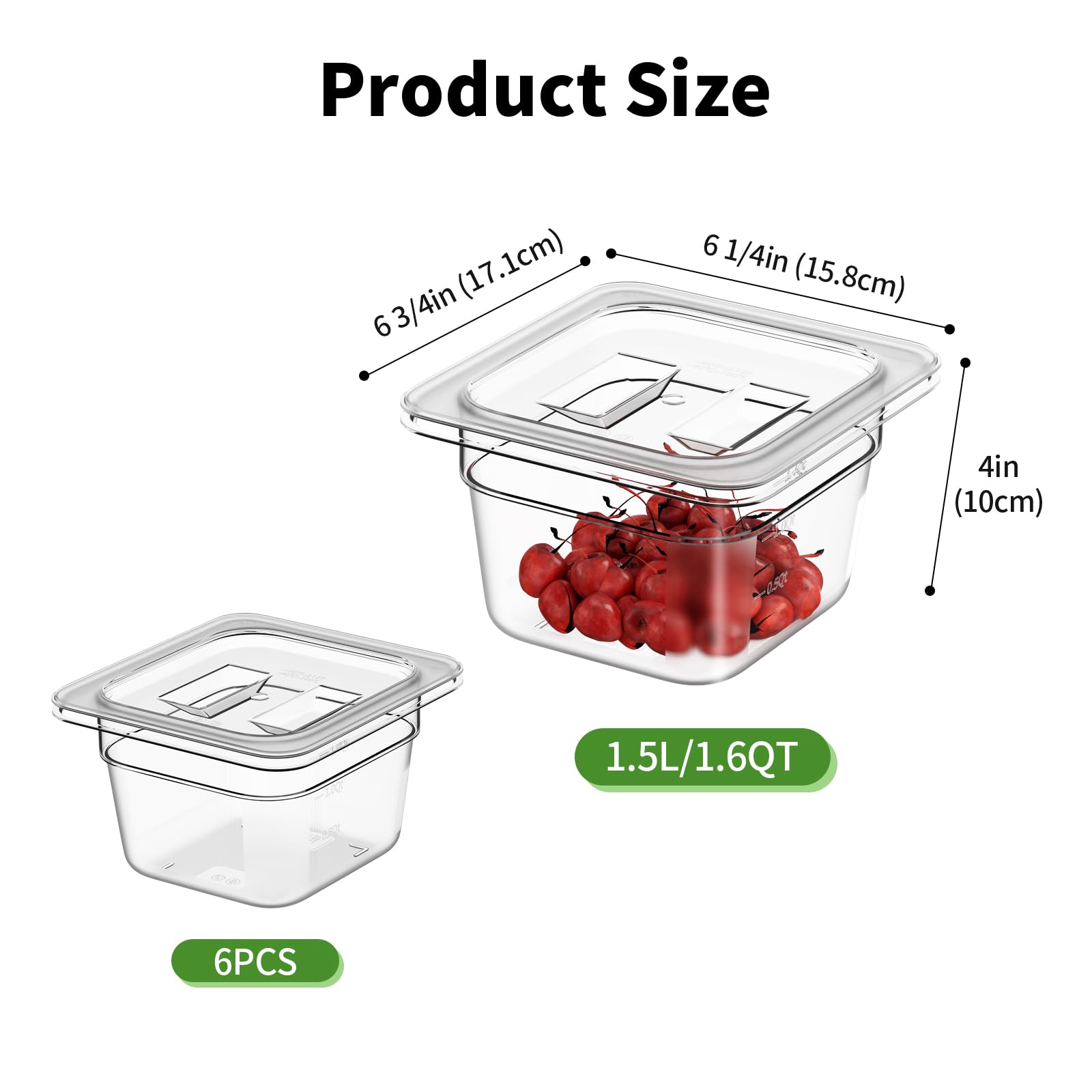 Paquete de 6 sartenes de 1/6 y 4 pulgadas, con tapas, de plástico transparente, de policarbonato apilable, apto para congelador, frutas, verduras, restaurante, cocina