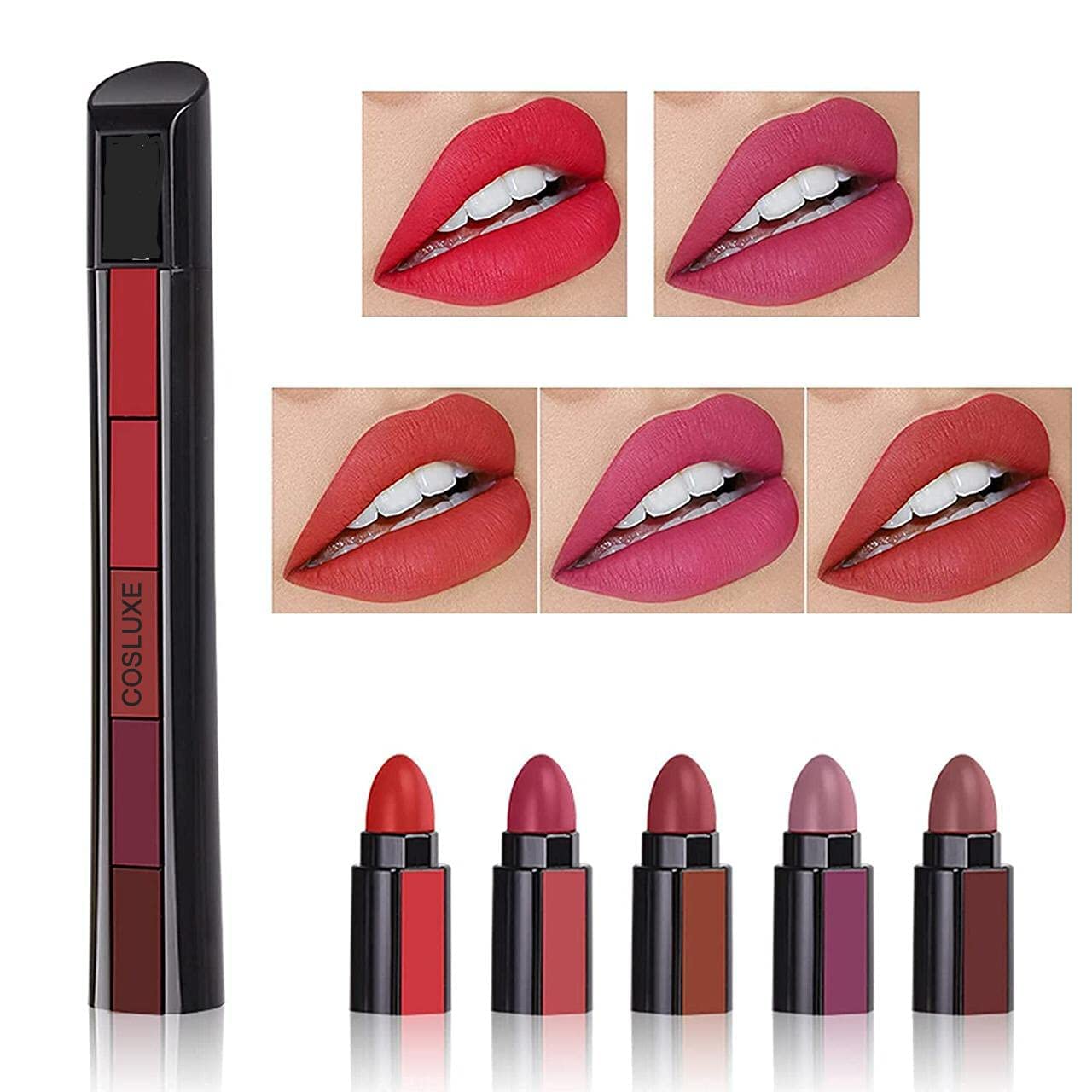 COSLUXE Huda Colors Matte Shades 5 in 1 Lipstick 3.8g (RED Edition 01)