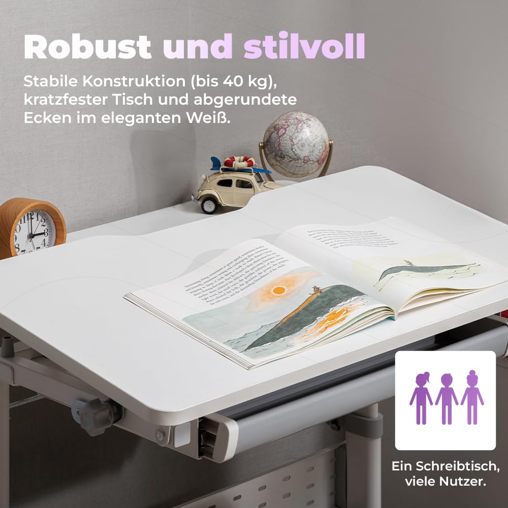 Spacetronik Kinderschreibtisch Höhenverstellbar 100x60 cm, Schreibtisch Kinder mit Neigbarer Tischplatte, Kinder Schreibtisch mit Schublade & Haken für Rucksack, Holzplatte