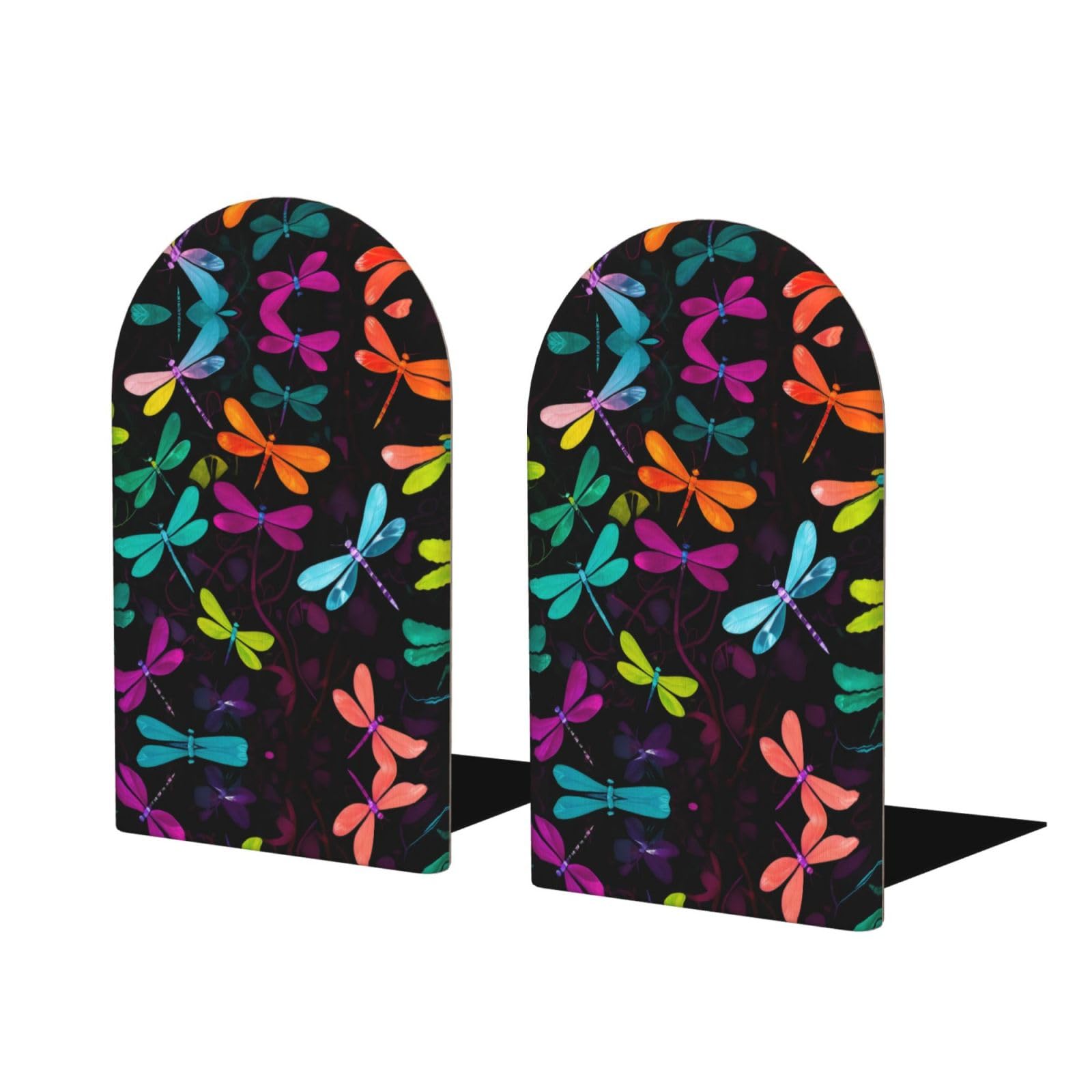 Cute Dragonfly Stylish Bookends with Full-Print Design Durable Wooden and Metal Bookend Set for Home, Office